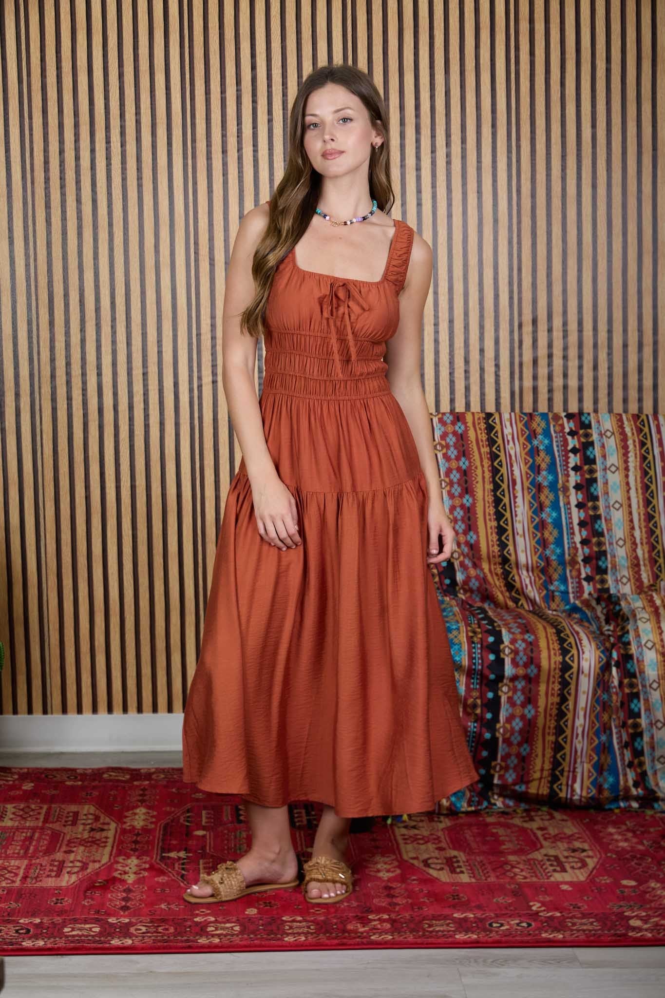 B6SD1099 | WOMENS SATIN FRONT TIE MIDI DRESS