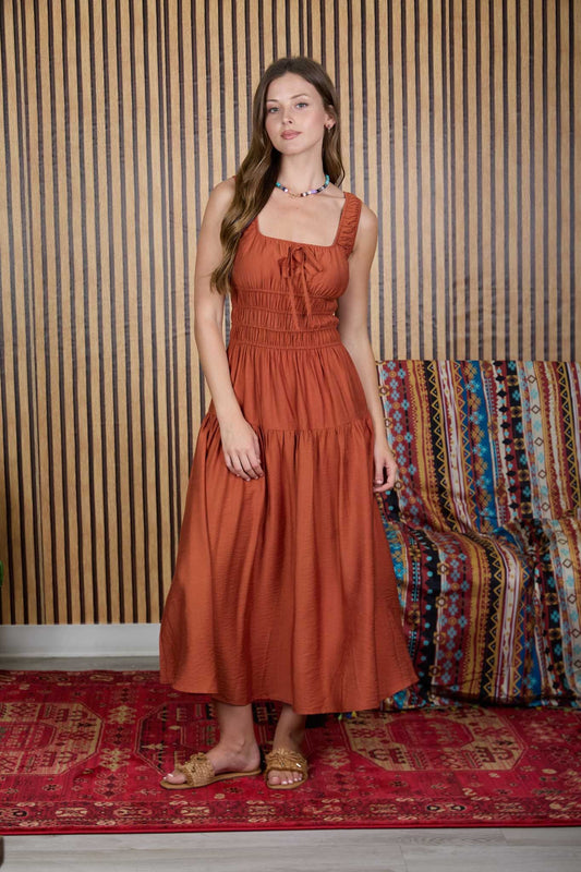 B6SD1099 | WOMENS SATIN FRONT TIE MIDI DRESS