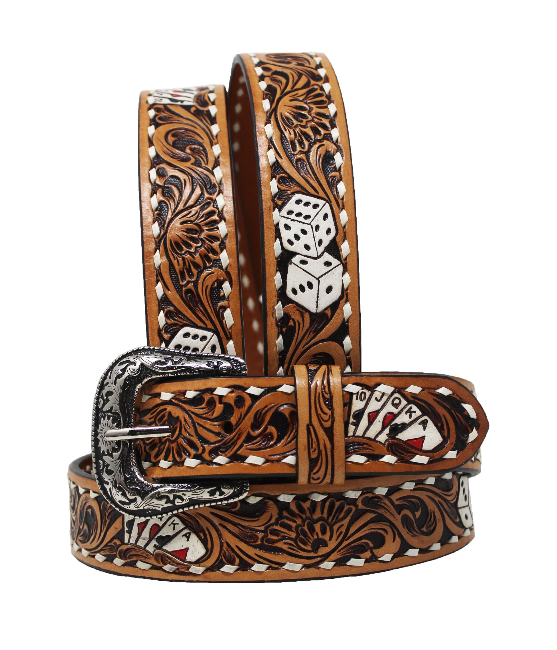 26FK80TN | CHALLENGER BELTS ROYAL FLUSH & DICE TOOLED LEATHER BELT