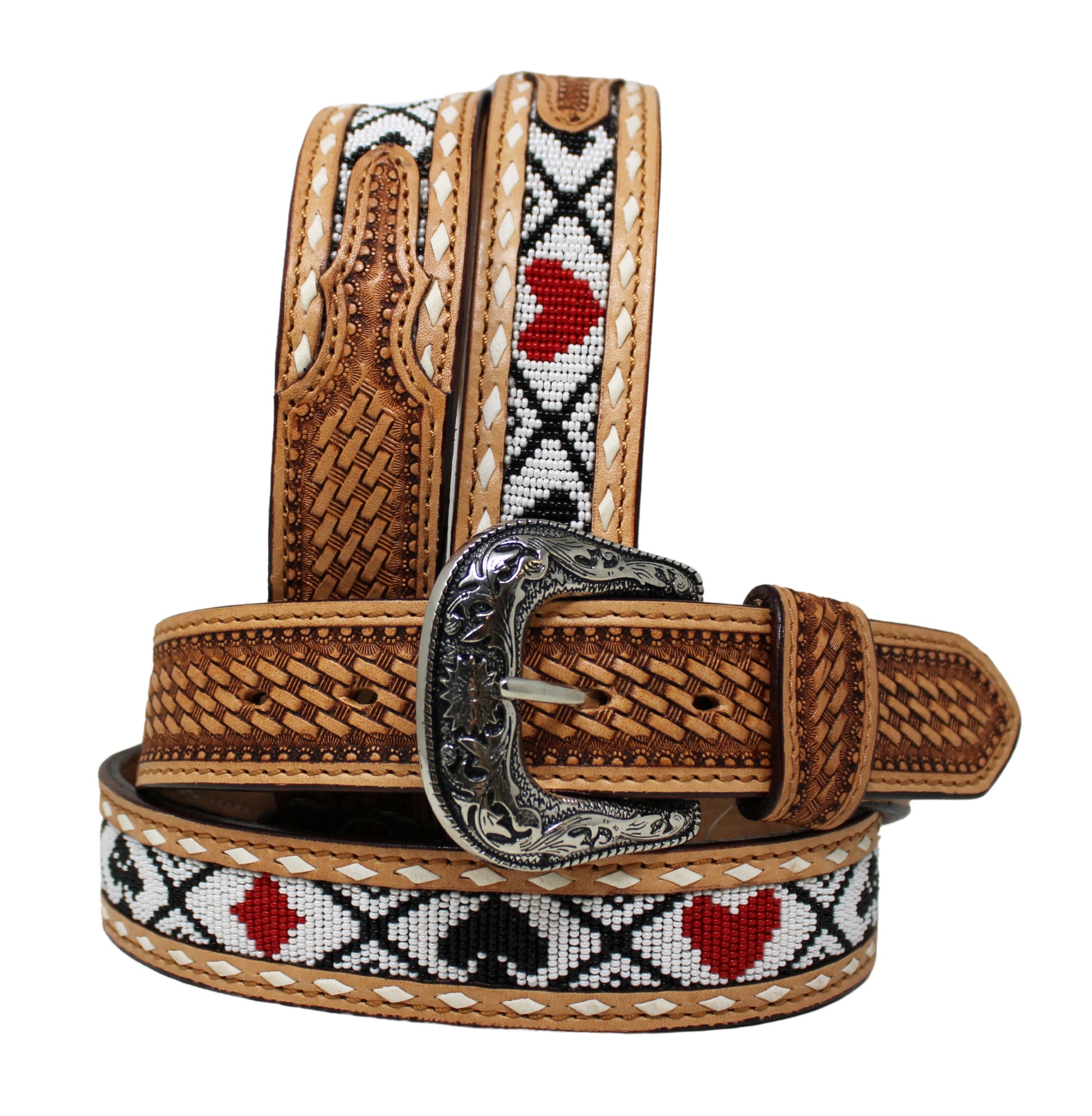 26RS118 | CHALLENGER BELTS FOUR SUIT BEAD INLAY BASKET WEAVED LEATHER BELT