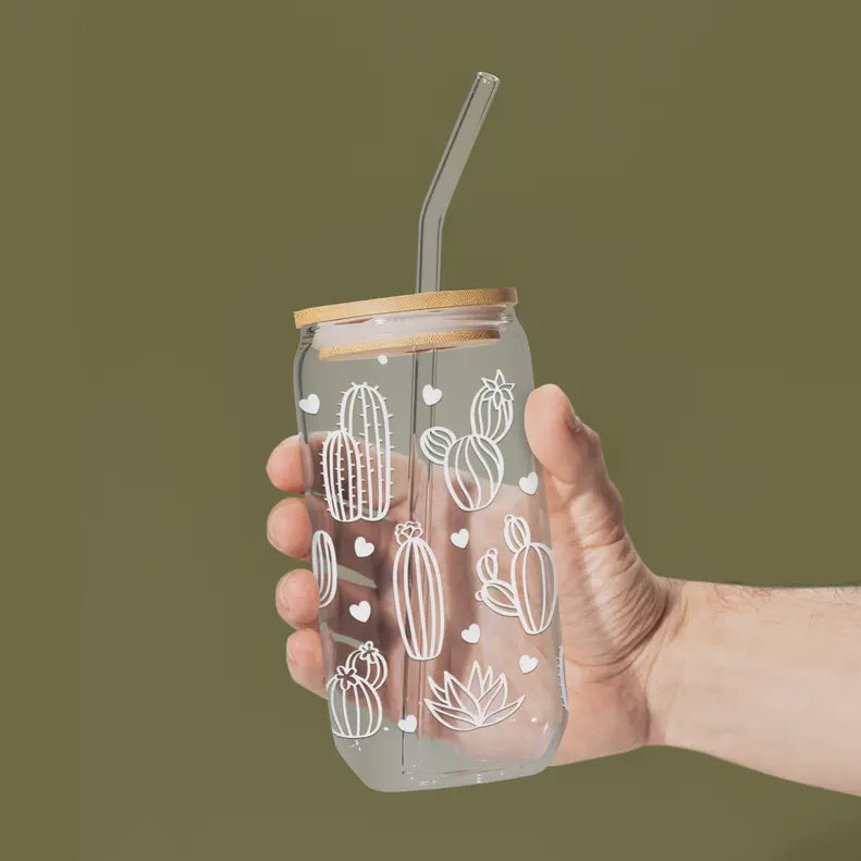 DESERT CACTUS 16oz GLASS CUP WITH BAMBOO LID & GLASS STRAW