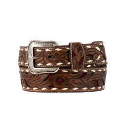 D100018409 | 3D MEN'S FLORAL/WHITE STITCH BROWN/MAROON BELT