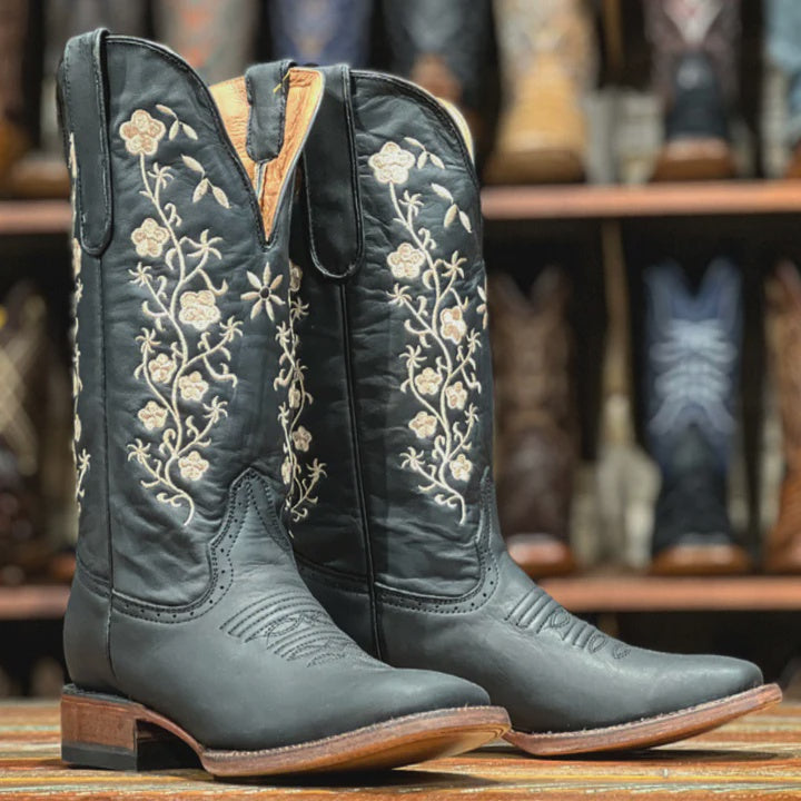 TML201351 | TANNER MARK WOMENS TURN IN CRAZY BLACK TOP BONE FLORAL EMB BOOT