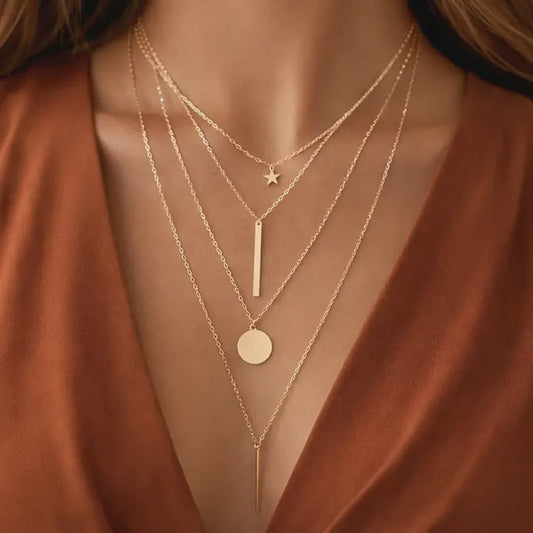 18K GOLD PLATED LAYERED CHAIN NECKLACE - 7566