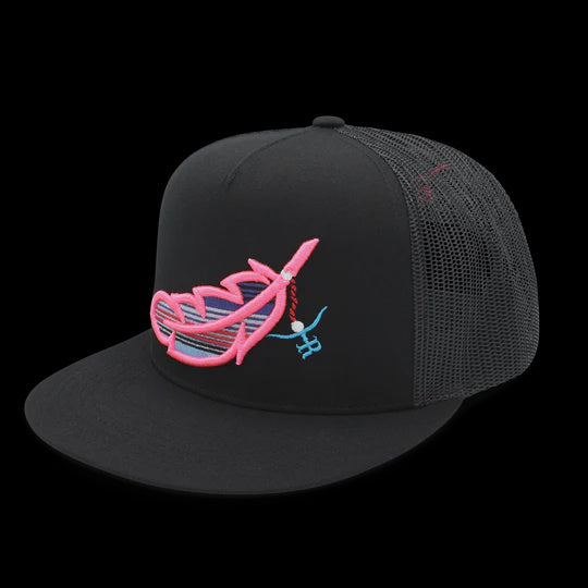 THE RANCHER HAT CO. “FEATHERED OUTLAW” FLAT BILL CAP - BLACK / HOT PINK FEATHER