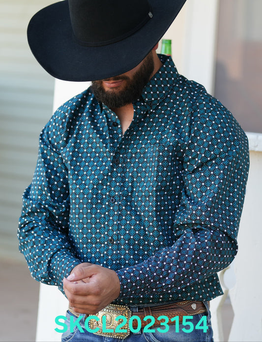 **FINAL SALE** SKCL2023154 | CUEROLINE BLUE/BLACK/WHITE L/S BUTTON UP SHIRT