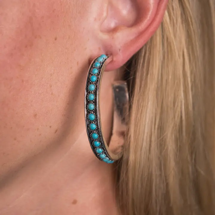 E775 | WEST & CO BURNISHED SILVER AND TURQUOISE HOOP EARRINGS