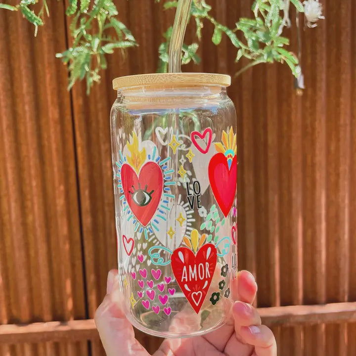 SACRED HEART WITH LOVE & AMOR 16oz GLASS CUP WITH BAMBOO LID & GLASS STRAW