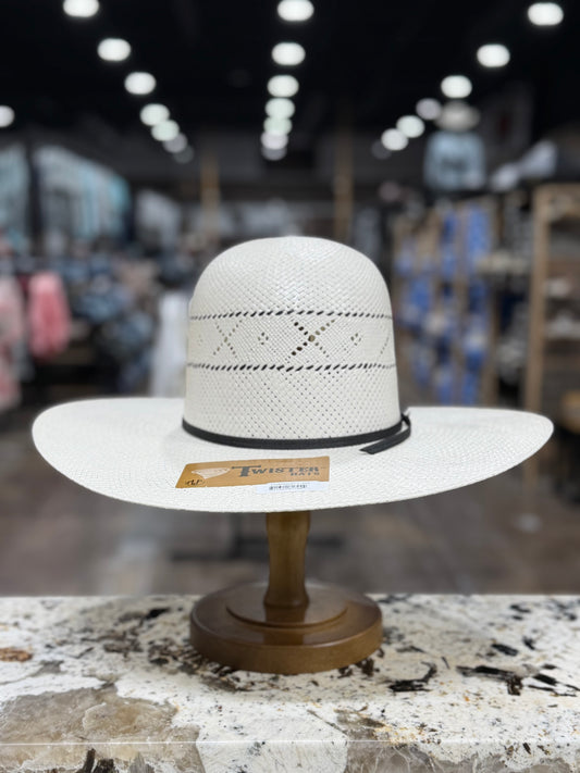 T70639OP | TWISTER STRAW SHANTUNG 30X WHITE OPEN CROWN 4 1/2 INCH BRIM