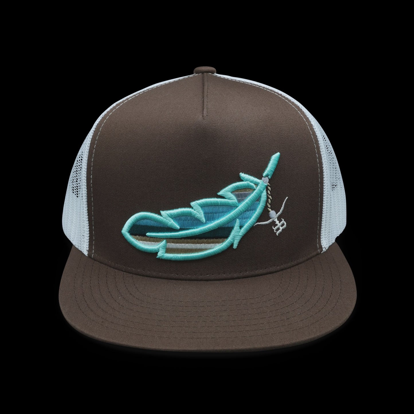 THE RANCHER HAT CO. "FEATHERED OUTLAW" FLAT BILL CAP - BROWN/WHITE WITH TURQUOISE FEATHER