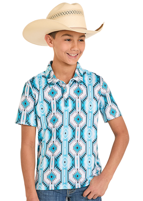 BB51T08335 | ROCK & ROLL BOYS TURQUOISE AZTEC PRINTED POLO
