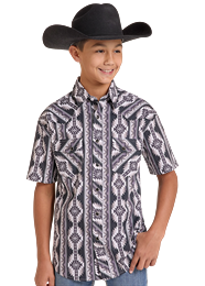 BBN3S09427 | ROCK&ROLL BOY'S AZTEC PRINT S/S SNAP SHIRT - BLACK