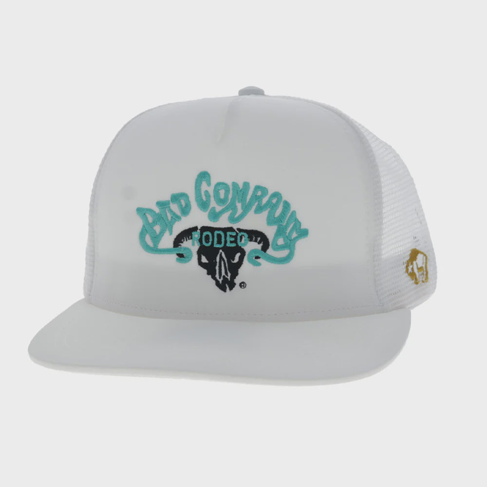 BC004T-WH HOOEY BAD COMPANY HAT WHITE W BLUE & BLACK LOGO