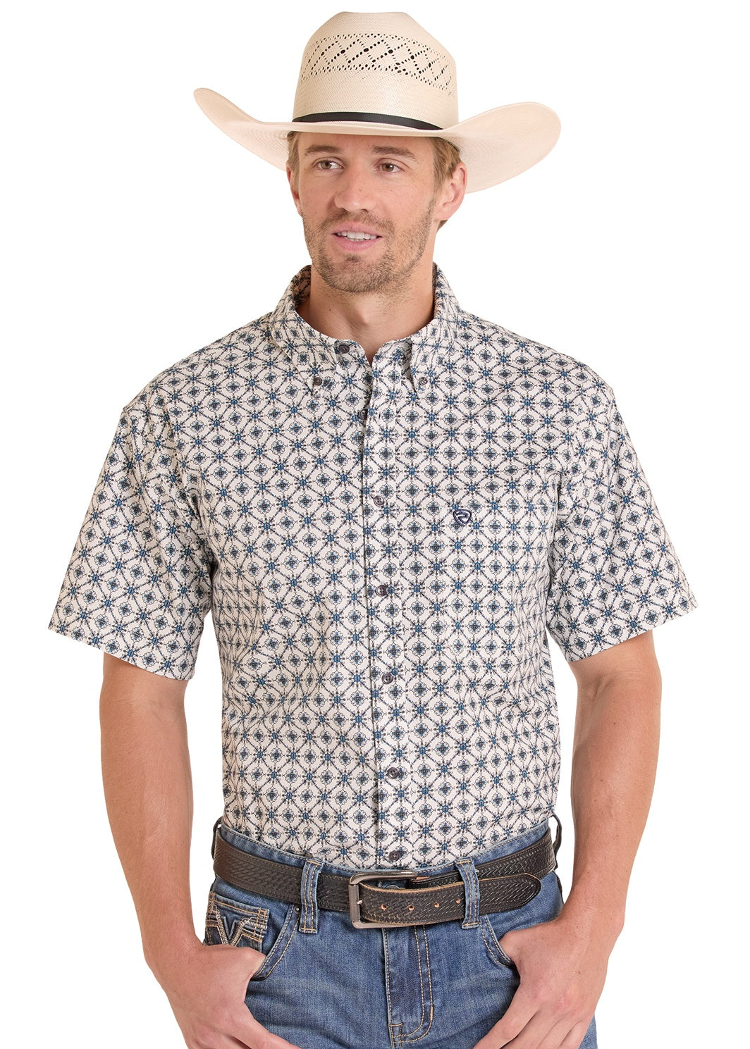 BMB3S08661 | ROCK & ROLL MENS BLUE MEDALLION SS BUTTON UP