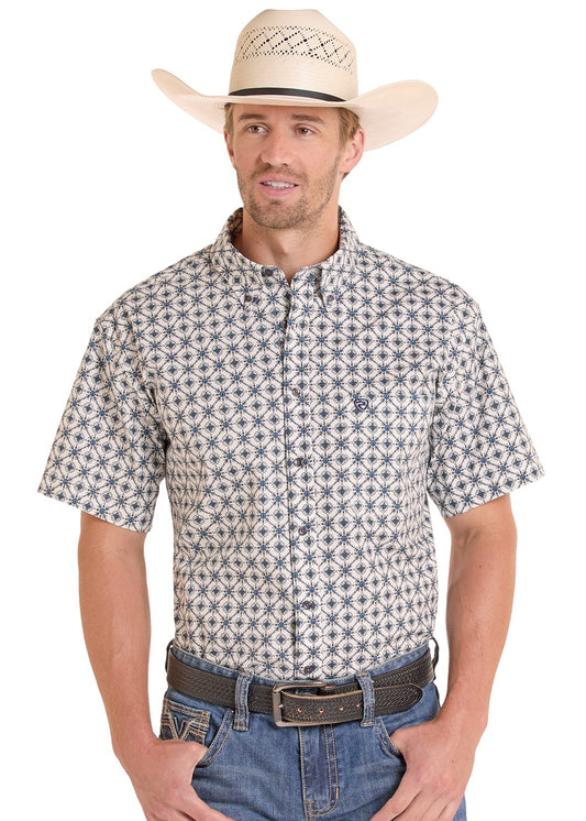 BMB3S08661 | ROCK & ROLL MENS BLUE MEDALLION SS BUTTON UP