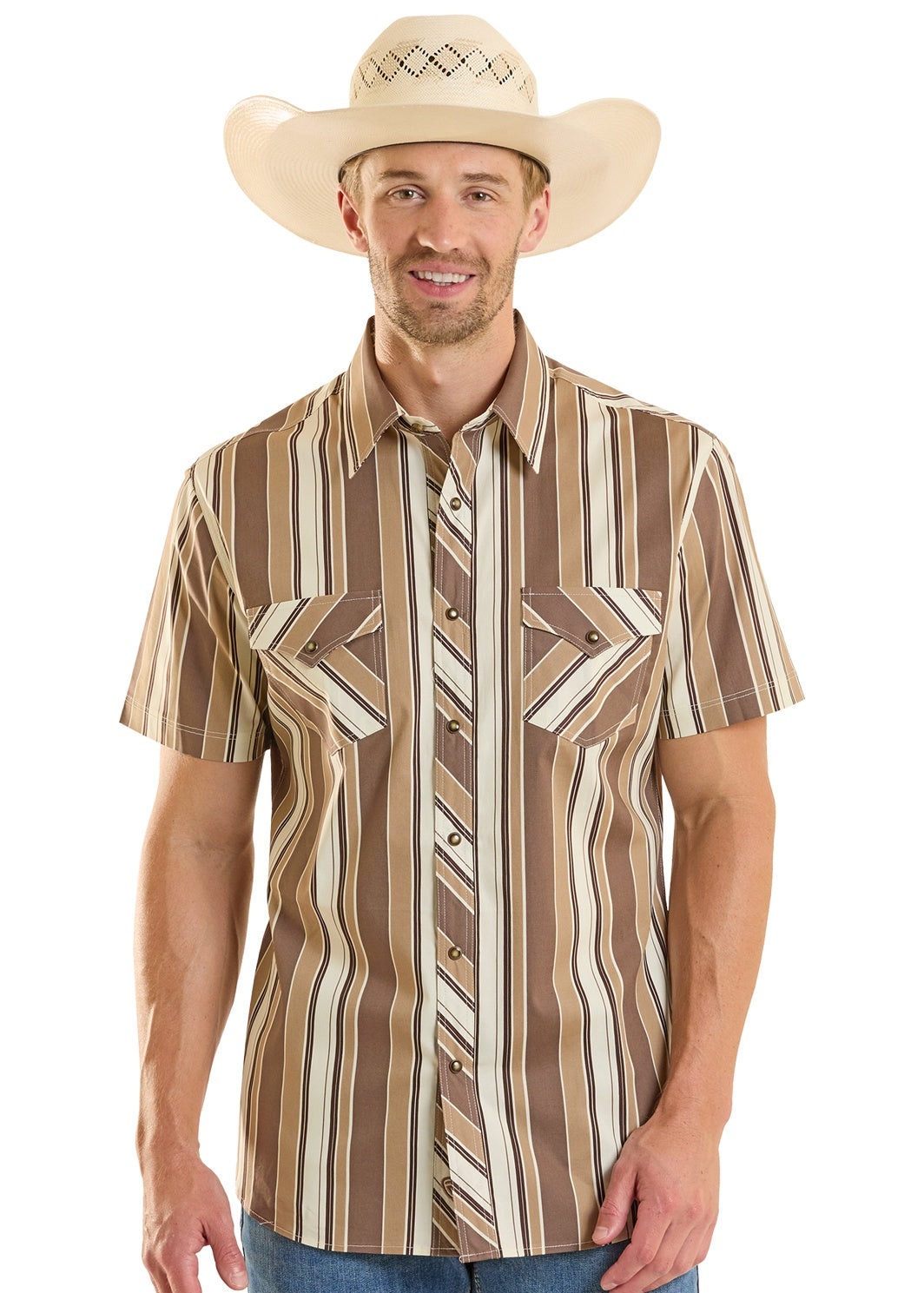 BMN3S08663 | ROCK & ROLL MENS BROWN STRIPE SS PEARL SNAP