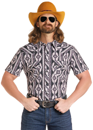 BMN3S09427 | ROCK&ROLL MEN'S AZTEC PRINT S/S SNAP SHIRT - BLACK