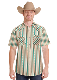 BMN3S09429 | ROCK&ROLL MEN'S STRIPE PRINT S/S SNAP SHIRT - TEAL