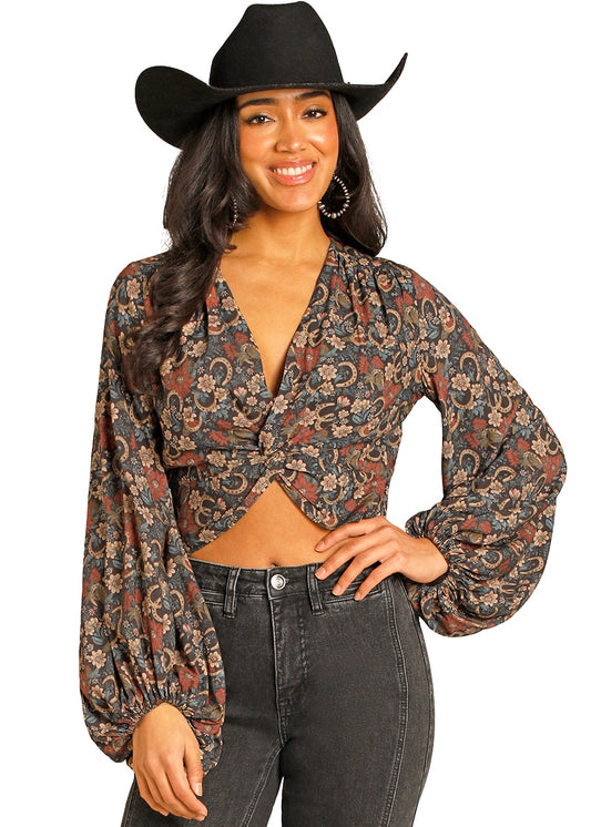 *FINAL SALE* BW52T07785 | ROCK & ROLL WOMENS FLORAL HORSESHOE BLOUSE