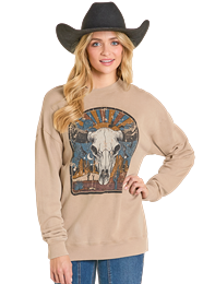 BW91T07954 | ROCK&ROLL WOMEN'S OVERSIZED LONGHORN SKULL PULLOVER - TAN