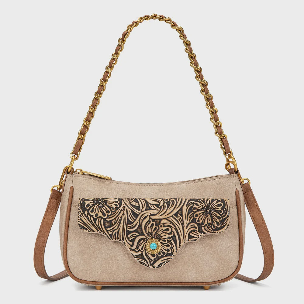 MW1362-818TN | MONTANA WEST FLORAL TOOLED SHOULDER CHAIN CROSSBODY PURSE - TAN
