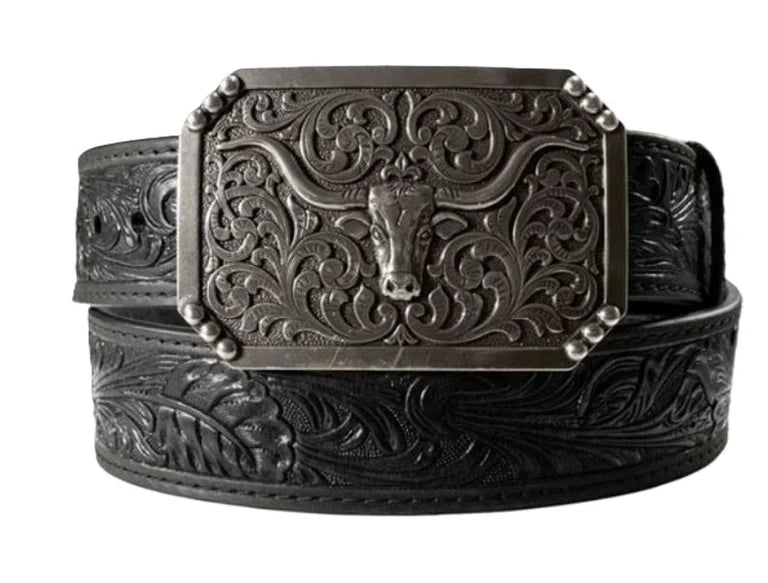 D100012101 | 3D MENS FLORAL EMBOSSED BLACK LONG HORN BELT