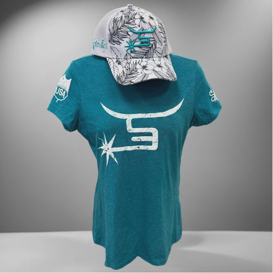 SPIN'EM LADIES TEAL-WHITE SPUR LOGO S/S T-SHIRT