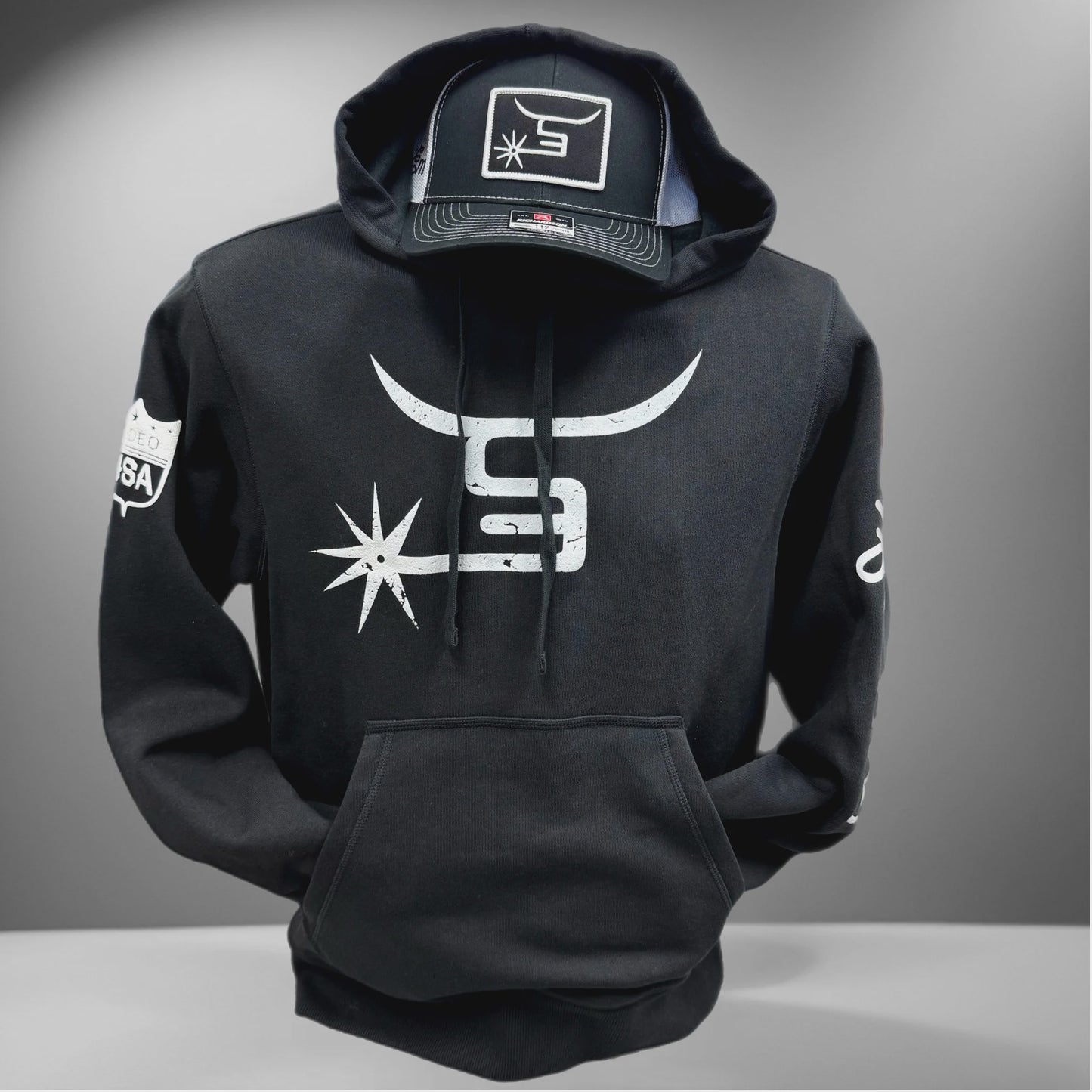 SPIN'EM MEN'S BLACK HOODIE - WHITE SPUR LOGO