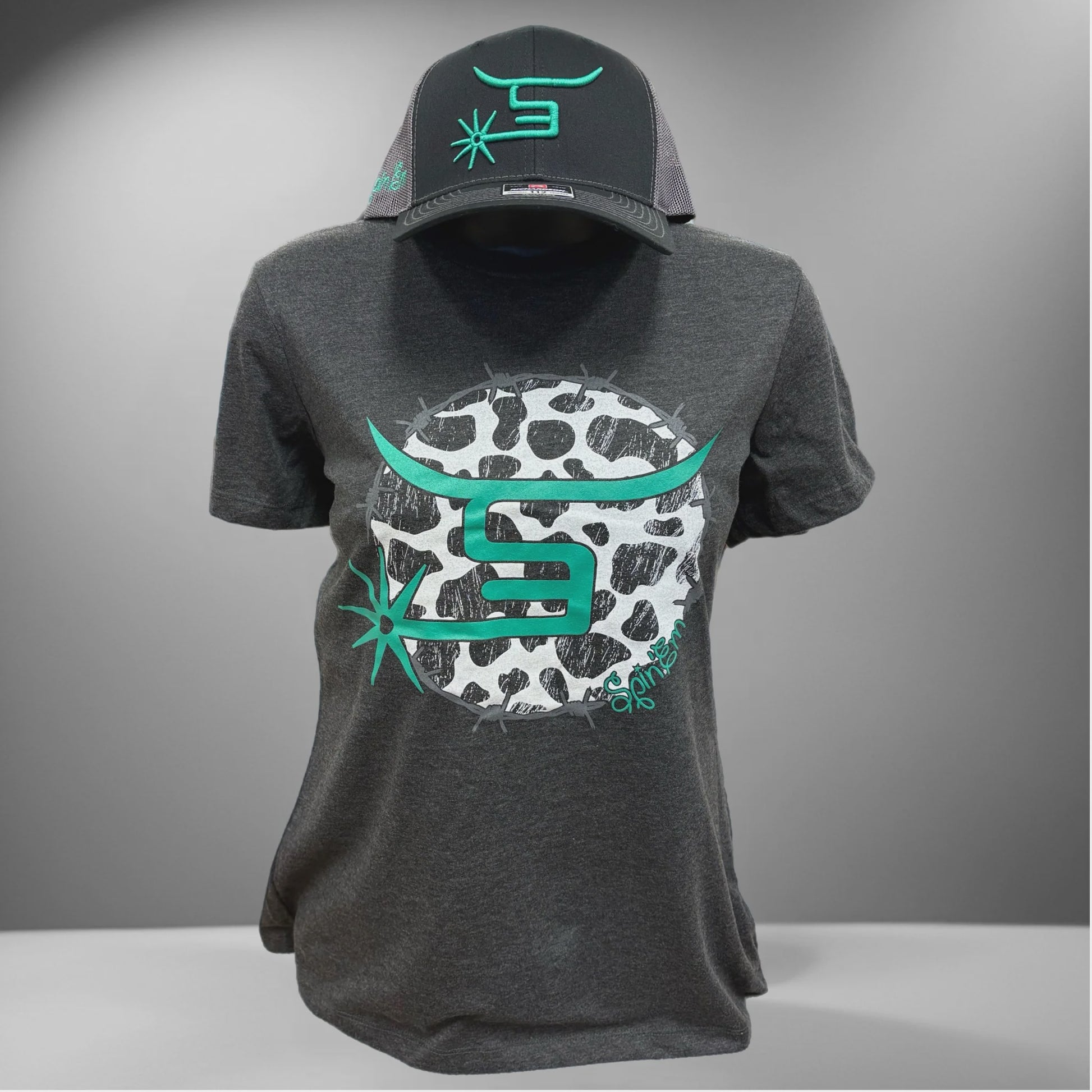SPIN'EM LADIES HEATHER BLACK COW PRINT S/S T-SHIRT