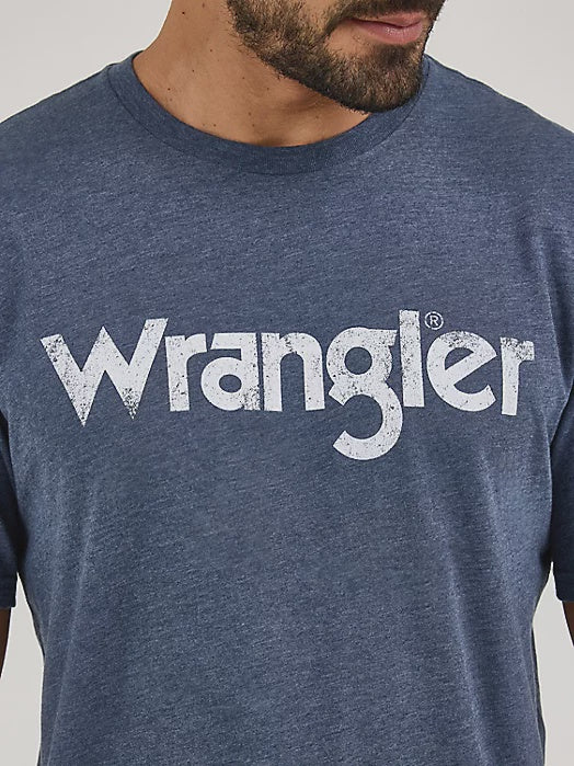 112344136 | WRANGLER MEN’S BLUE DISTRESSED LOGO SS T-SHIRT