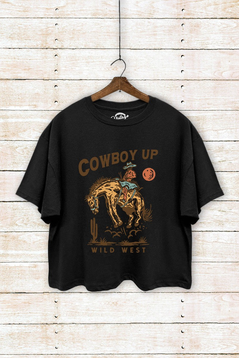 TC550-Y4326 | WOMENS BLACK COWBOY UP CROPPED TEE