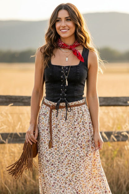 MN5025 | WOMENS LACE UP DENIM TOP