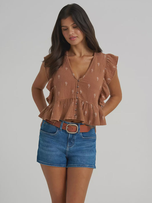 112380602 | WRANGLER WOMEN’S GAUZY FLUTTER SLEEVE BLOUSE - BROWN/CACTUS
