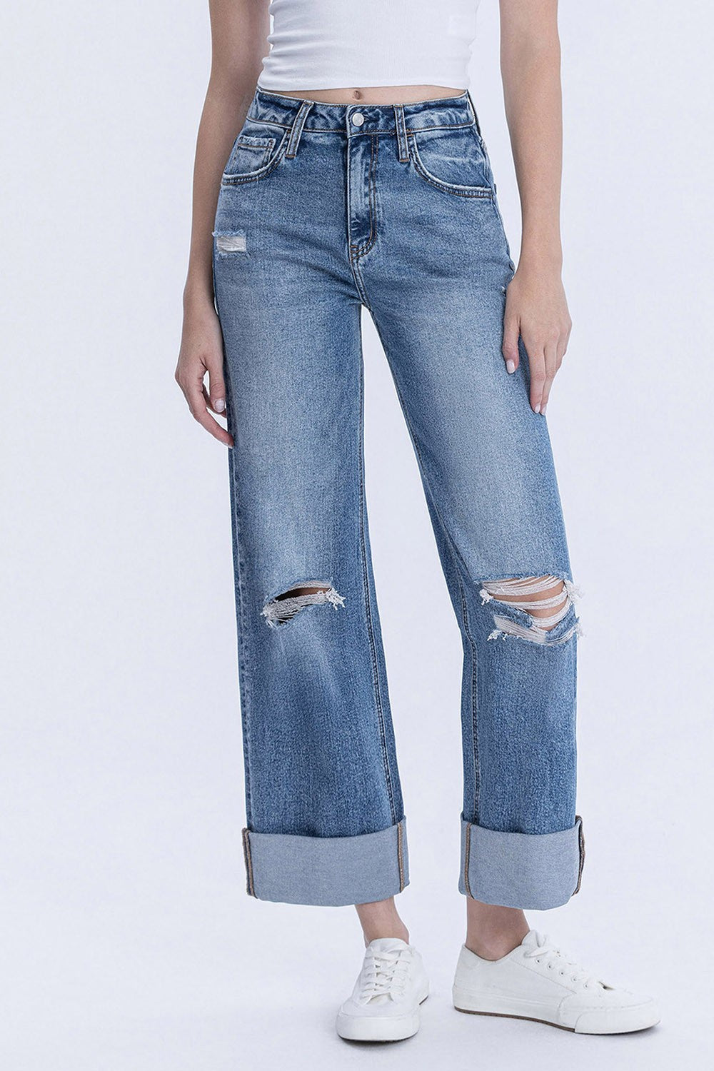 LV1459-P | VERVET WOMENS PLUS SUPER HIGH RISE WIDE LEG CUFFED JEAN - ROSY