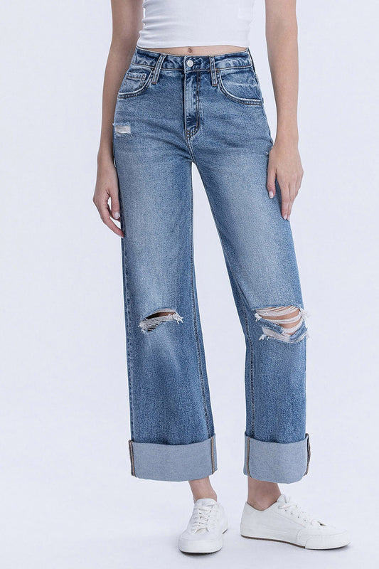 LV1459-P | VERVET WOMENS PLUS SUPER HIGH RISE WIDE LEG CUFFED JEAN - ROSY