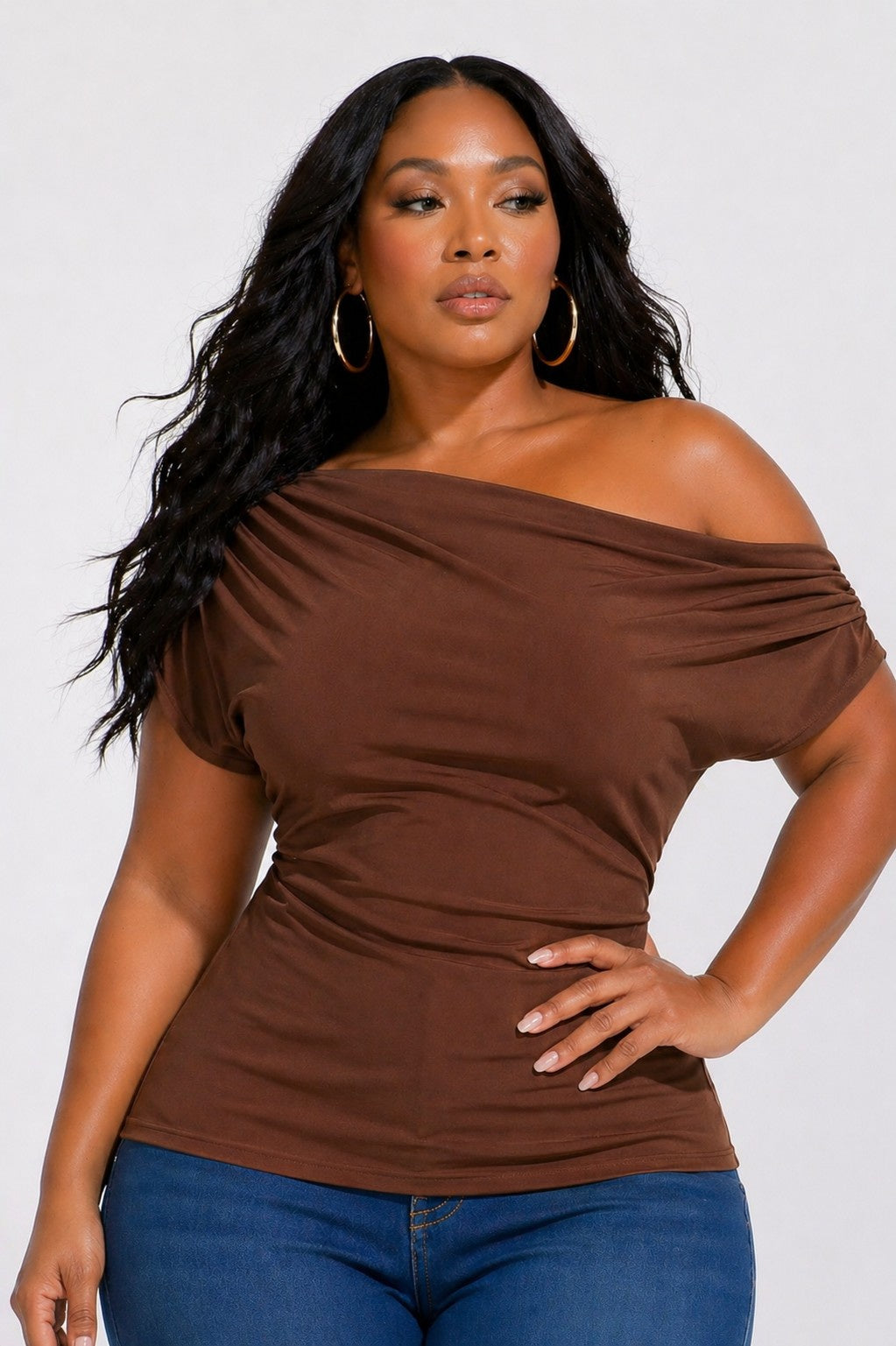 8617 | WOMEN’S PLUS SIZE OFF SHOULDER DRAPED NECK LINE TOP