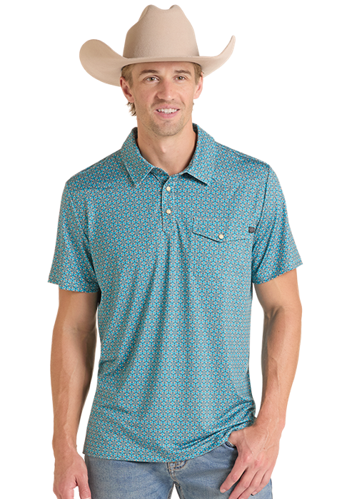 BM51T09594 | ROCK & ROLL MENS TURQUOISE MEDALLION WESTERN VENTED POLO