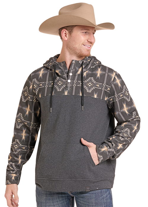 BM94T09626 | ROCK & ROLL MENS BLACK AZTEC BLOCKED HOODIE