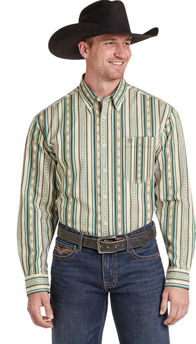 BMB2S09429 | ROCK & ROLL MENS TEAL STRIPE L/S BUTTON UP