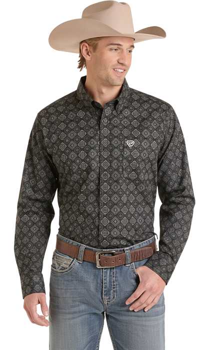 BMB2S09443 | ROCK & ROLL MENS DARK BROWN MEDALLION L/S BUTTON UP