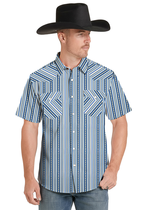 BMN3S09433 | ROCK & ROLL MENS BLUE STRIPED S/S PEARL SNAP