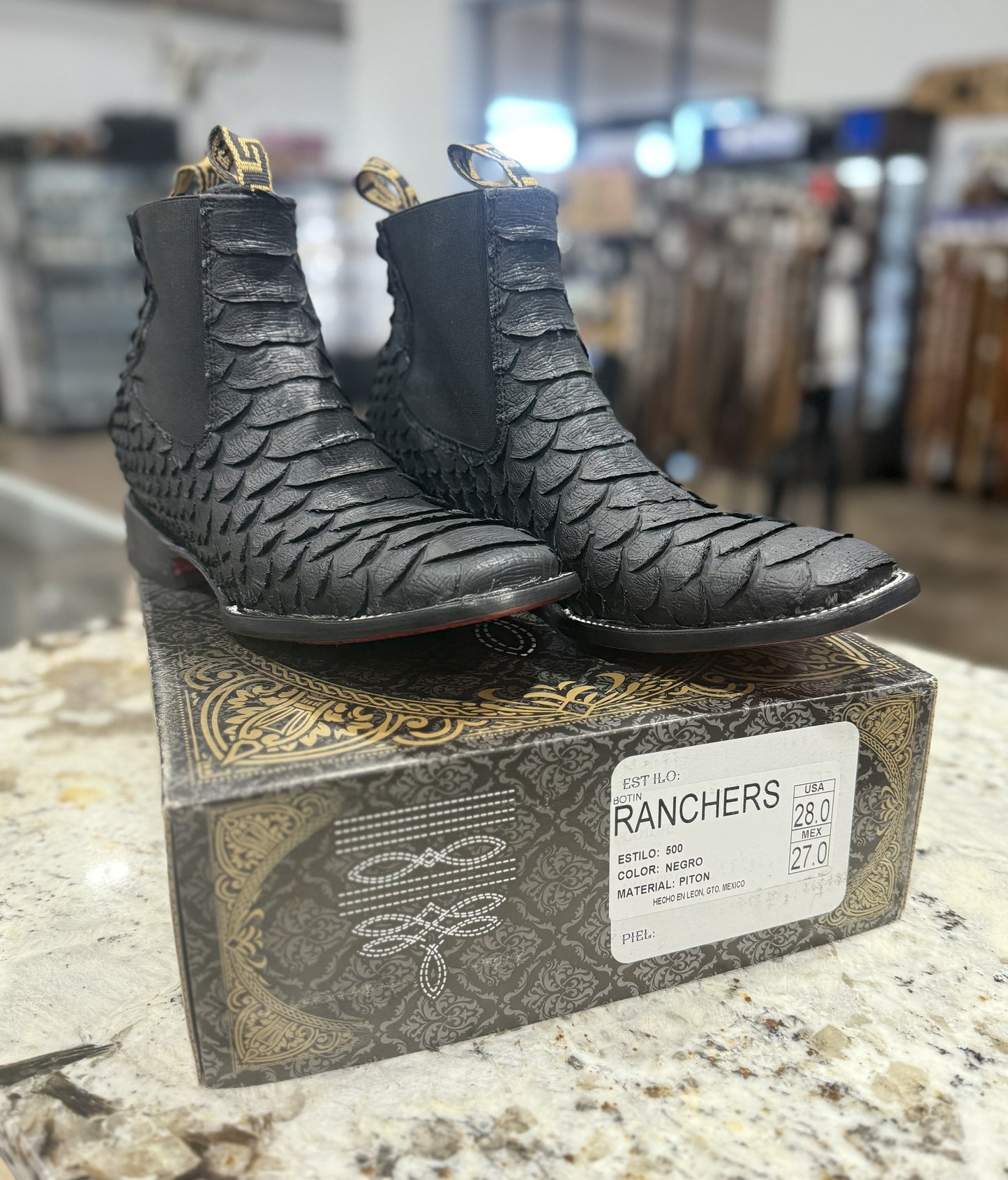 RANCHERS BLACK IMITATION PYTHON ANKLE BOOTS RED BOTTOM