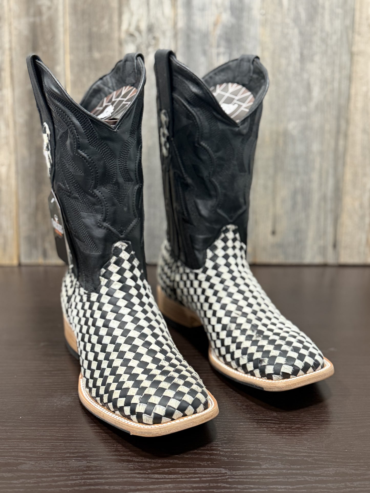 RANCHERS COWHIDE BASKETWEAVE BLACK AND WHITE HYBRID SOLE MUSTANG TOE BIG SQUARES