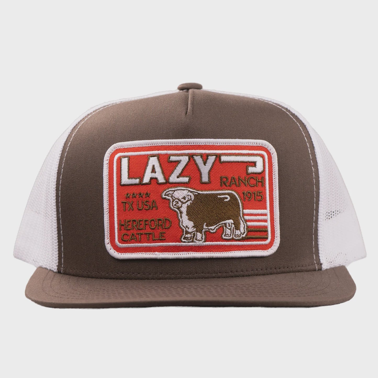 LAZY J RANCH BROWN & WHITE BIG RED CLASSIC FIVE PANEL TRUCKER HAT