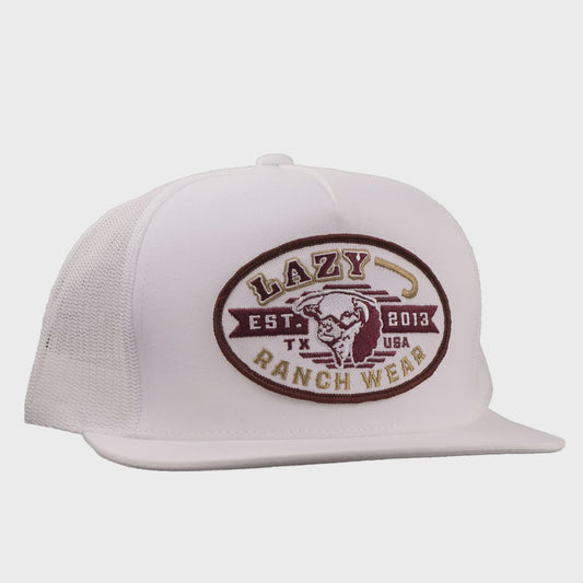 LAZY J RANCH WHITE CATTLE KING CLASSIC FIVE PANEL TRUCKER HAT