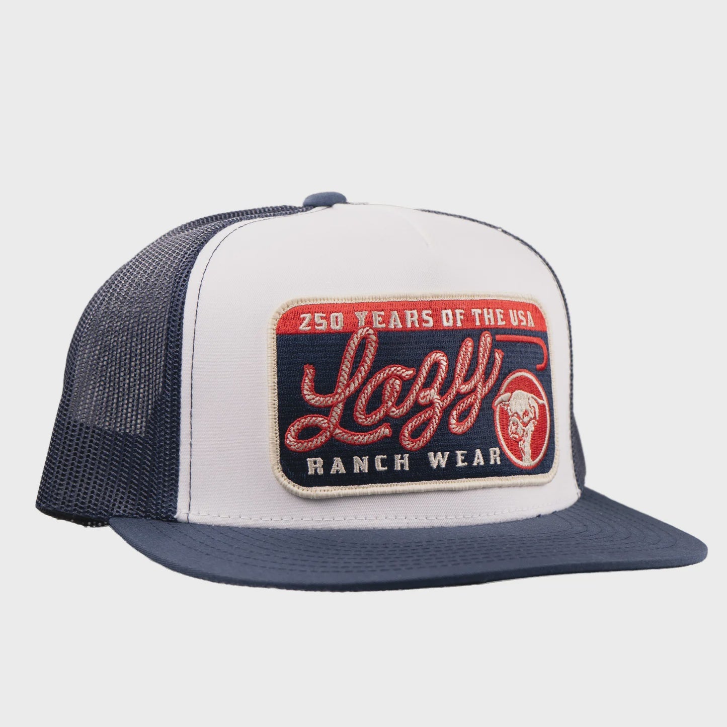 LAZY J RANCH WHITE & NAVY HERITAGE CLASSIC FIVE PANEL TRUCKER HAT