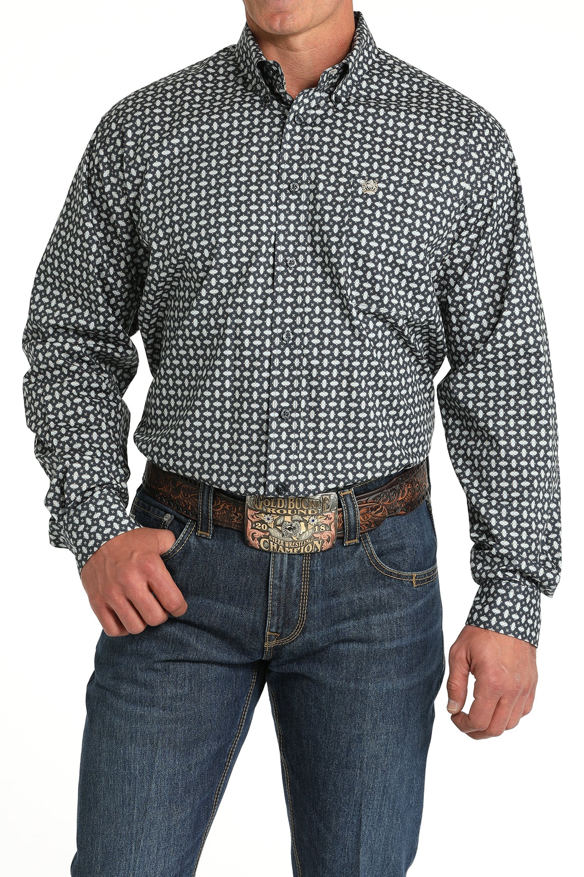 Cinch Men's Grey-Blue & Pale Blue Geo Print Western Shirt