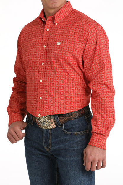 Men's Geometric Print Button-Down Western Shirt - Red