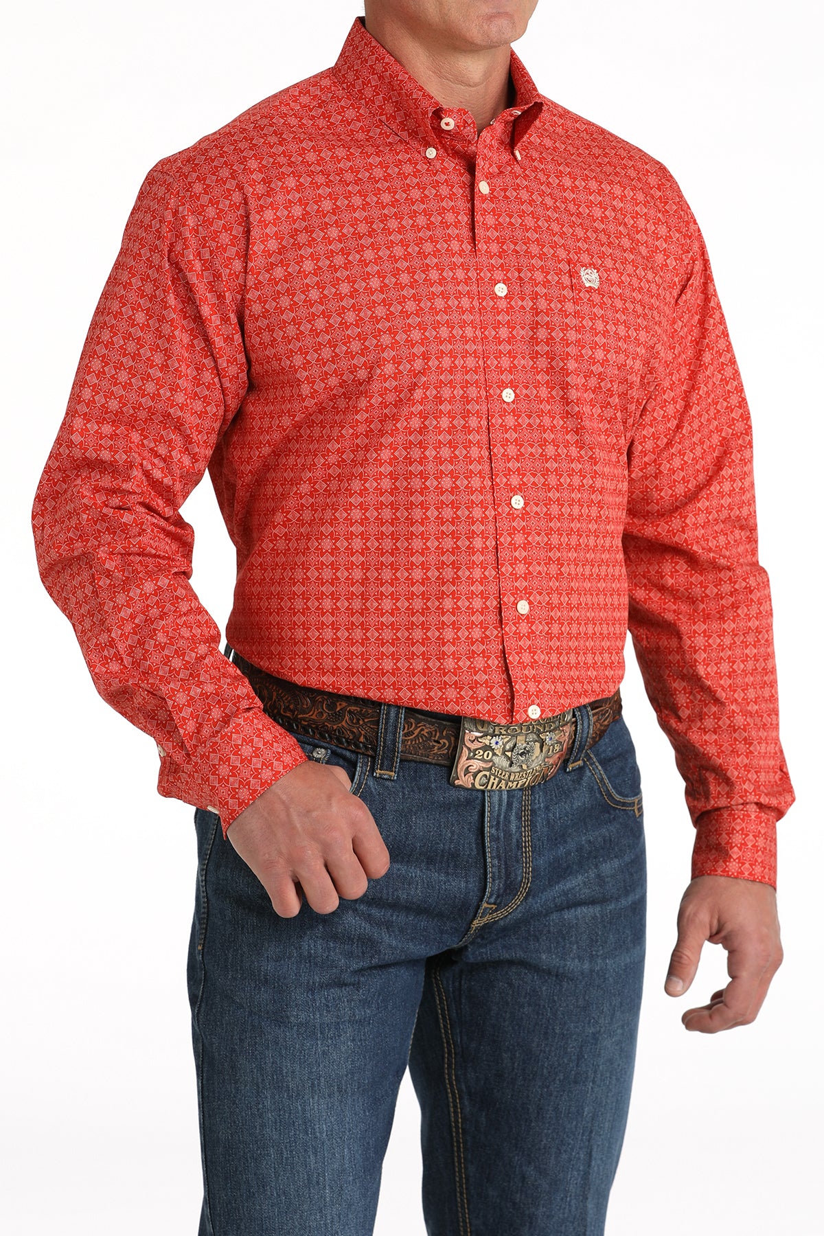 Men's Geometric Print Button-Down Western Shirt - Red