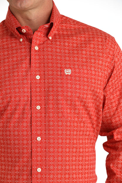 Men's Geometric Print Button-Down Western Shirt - Red